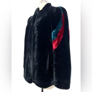 Vintage Faux Fur Coat Jacket Sasson New York Paris Sz XS S Black 80s w Stripes